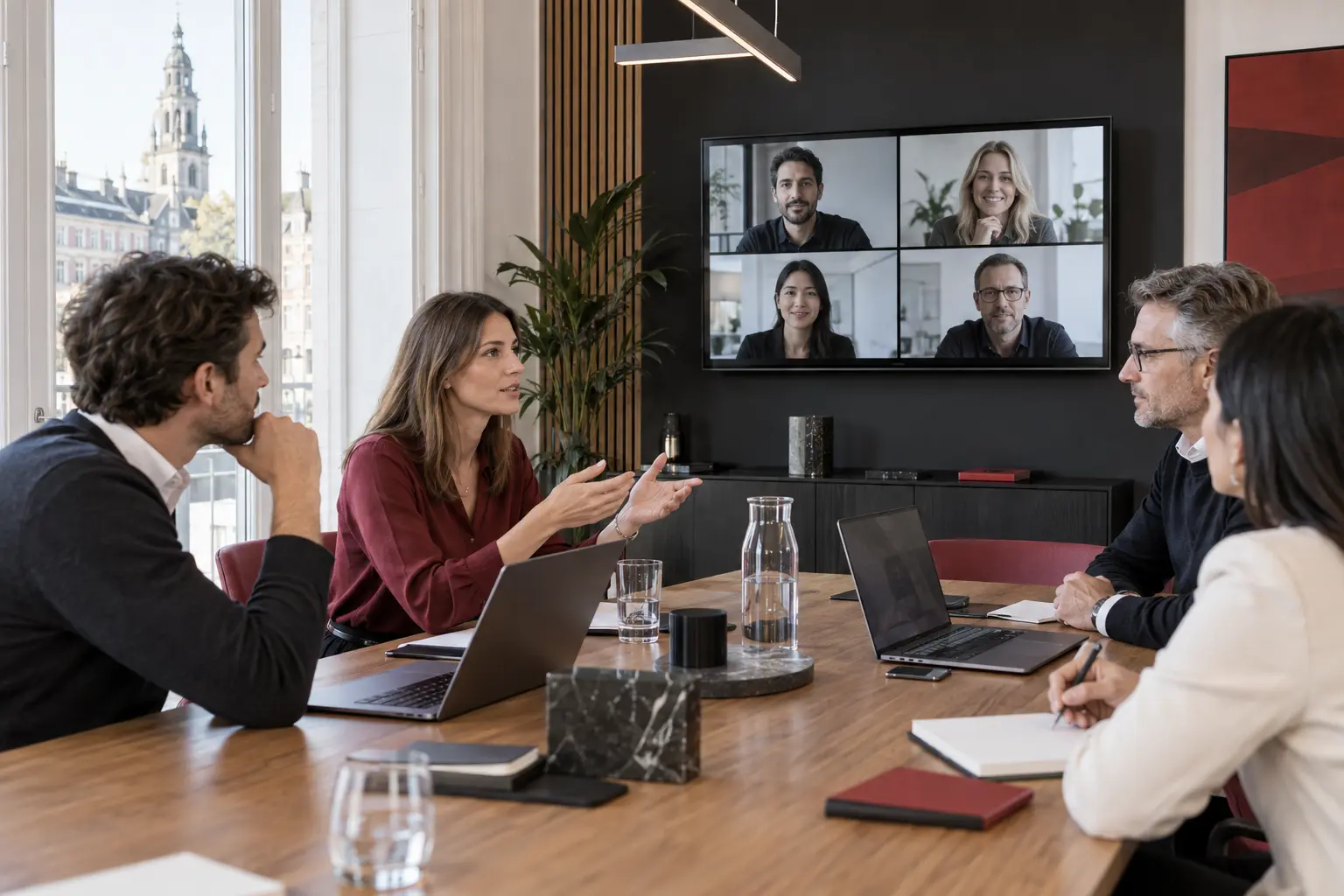 AI-generated illustration of a European team sharing ideas in a meeting room
